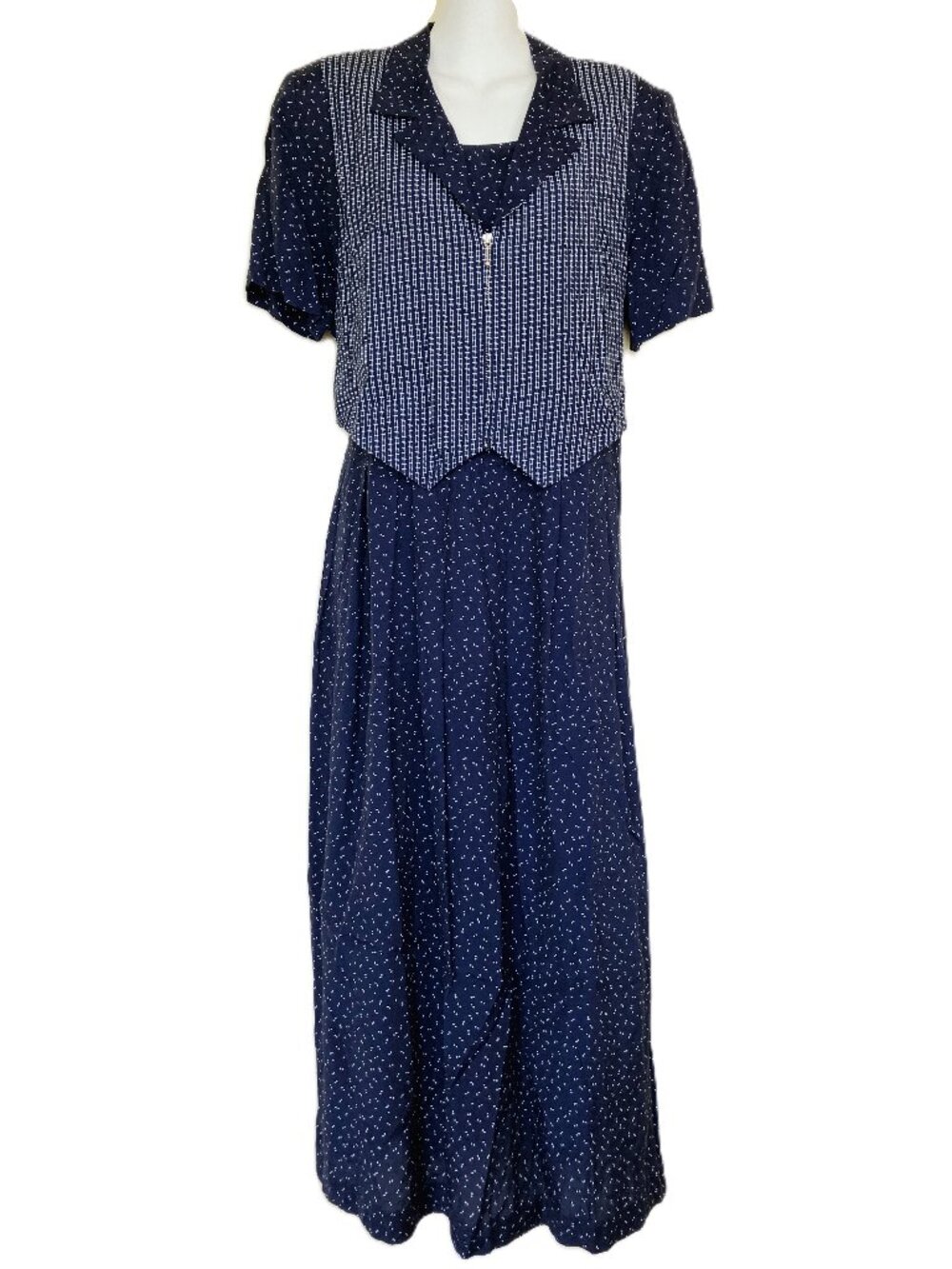 Karin Stevens Short Sleeve Maxi Shirt Dress Navy Blue Polka Dots Vintage 90s
